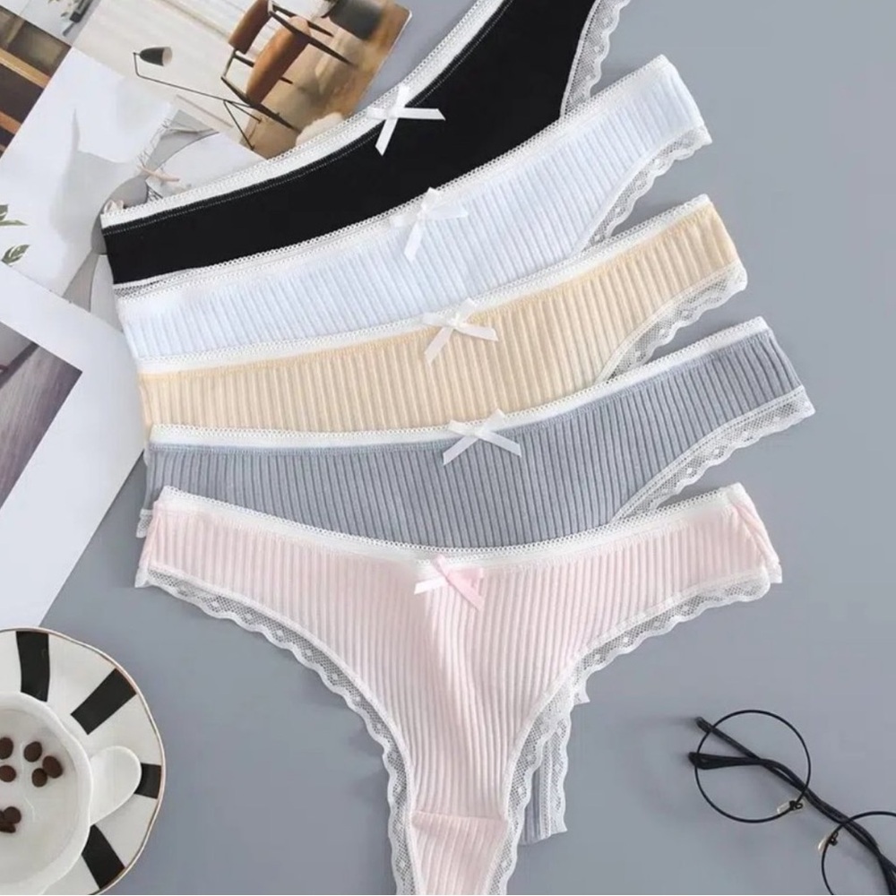 Bundle Of 5 Solid Lace Trim Ribbed Low Waist Panties.